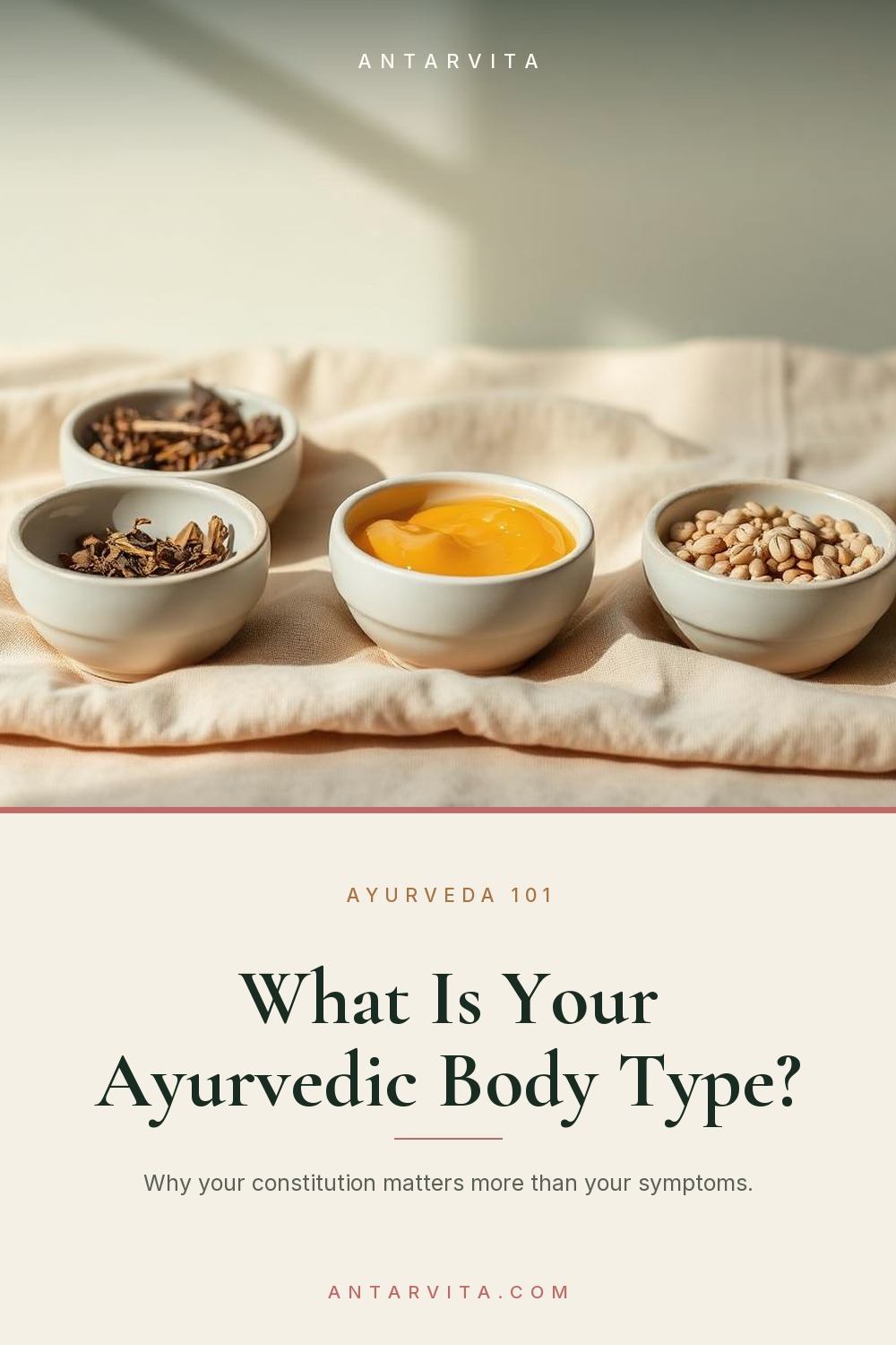 What is your Ayurvedic body type? Prakriti is the constitution you were born with — and it explains why generic wellness advice never quite lands for you. A clear guide to Vata, Pitta and Kapha for women. | Antarvita