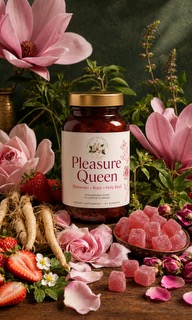 Pleasure Queen bottle nested among magnolias, roses and strawberry rose gummies