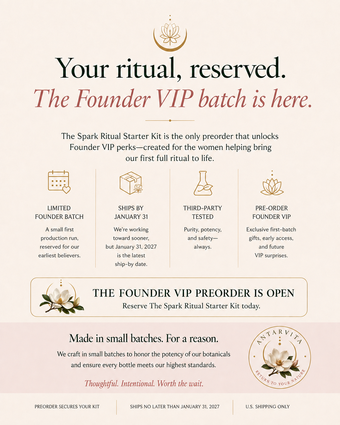 The Founder VIP batch is here. Your ritual, reserved. The Spark Ritual Starter Kit is the only preorder that unlocks Founder VIP perks — limited founder batch, ships by January 31, 2027, third-party tested, the complete Clean Queen and Pleasure Queen ritual, and exclusive Founder VIP gifts.