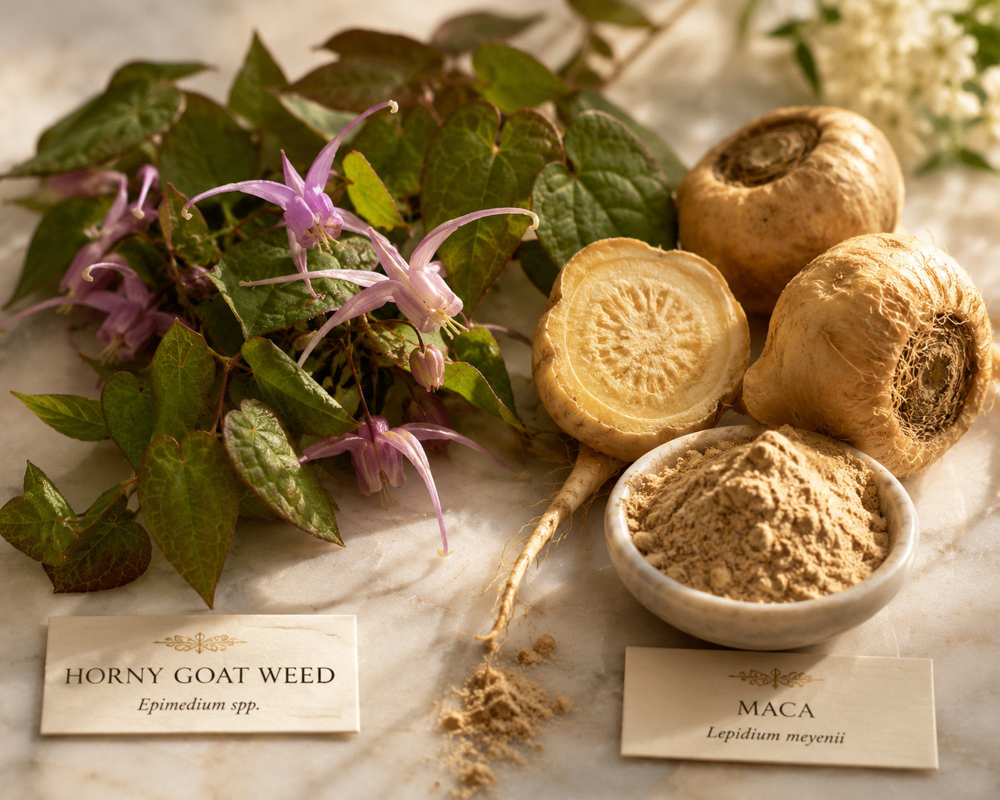 Horny goat weed (Epimedium spp.) and maca (Lepidium meyenii) roots and powder arranged on white marble with botanical labels — illustrating the stimulating herbs discussed in the article