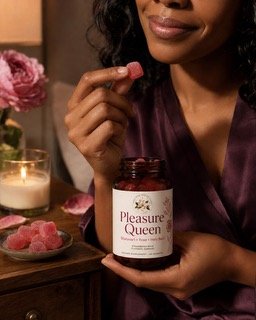 A woman in a soft silk robe holding the Pleasure Queen bottle in warm candlelight