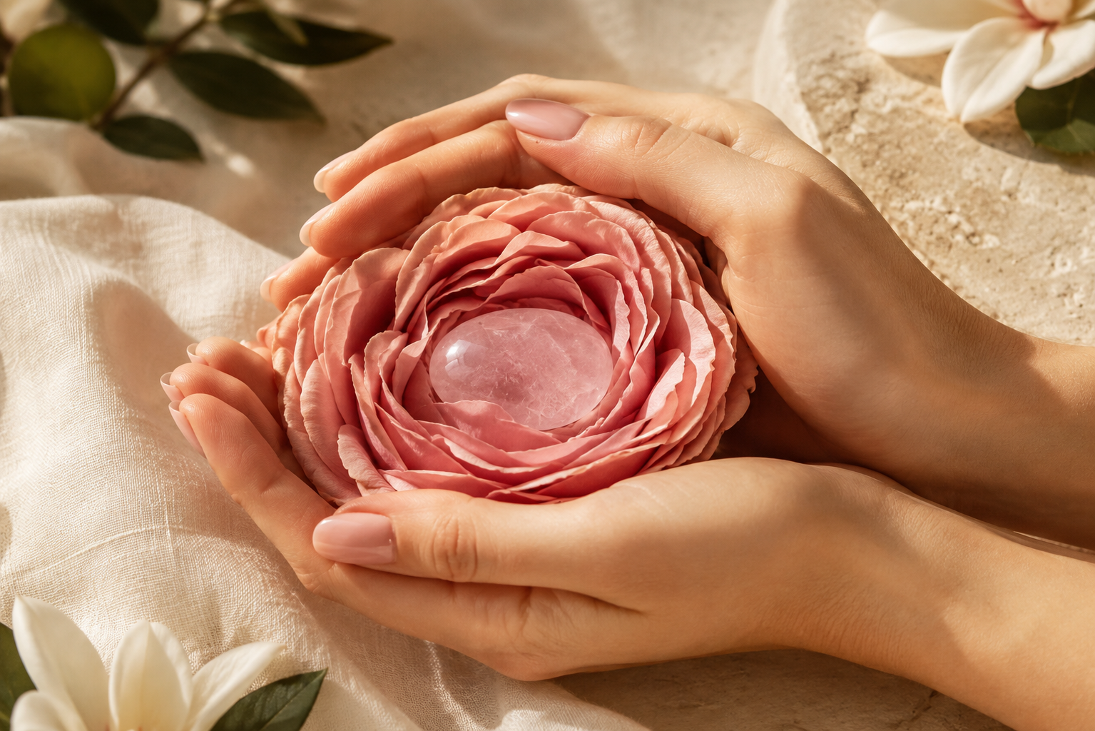 Woman's hands cradling a rose quartz yoni egg nestled in a pink rose on soft linen