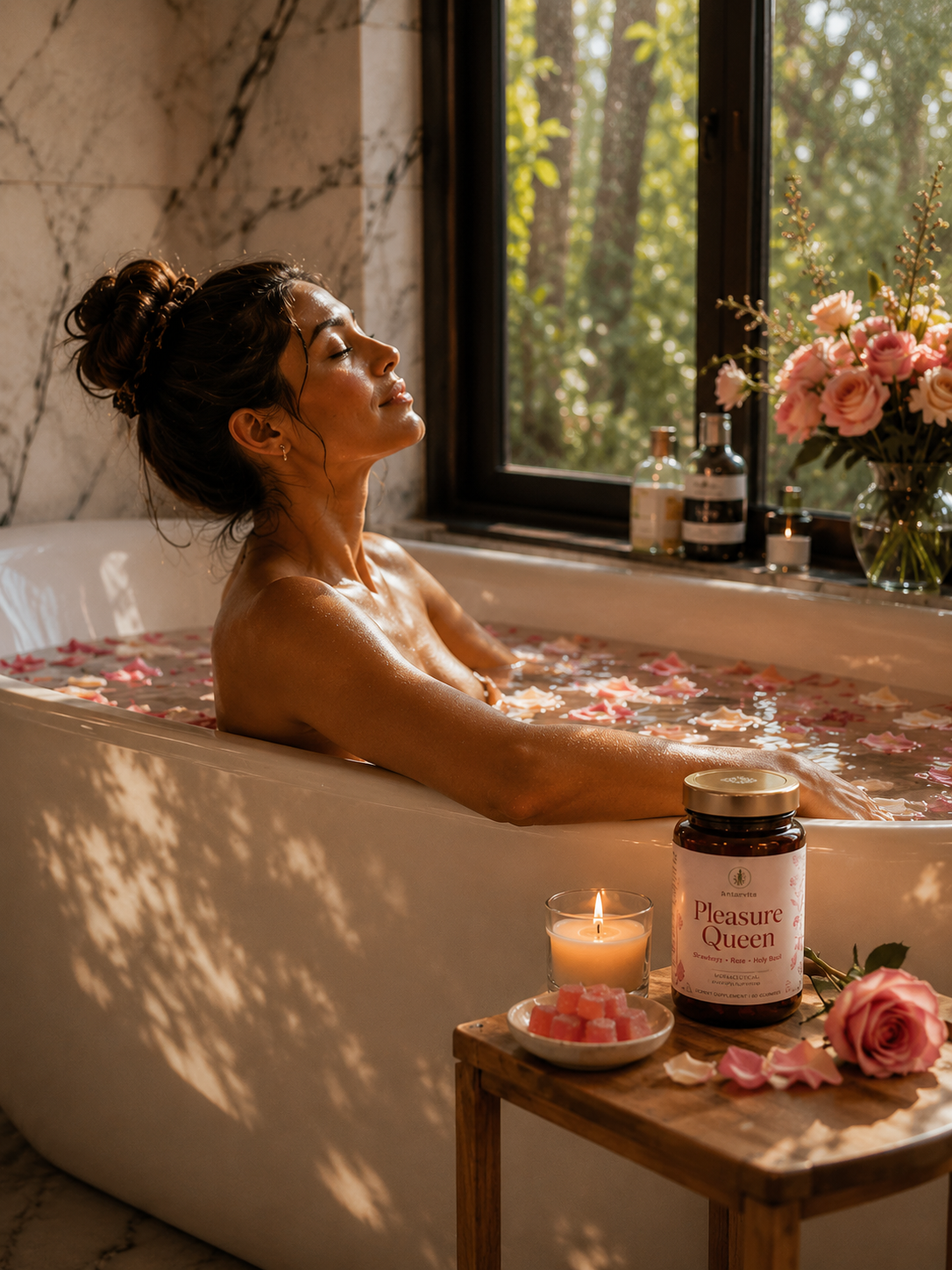 Shatavari root, rose petals, tulsi and fresh strawberries — the botanical foundation of Pleasure Queen