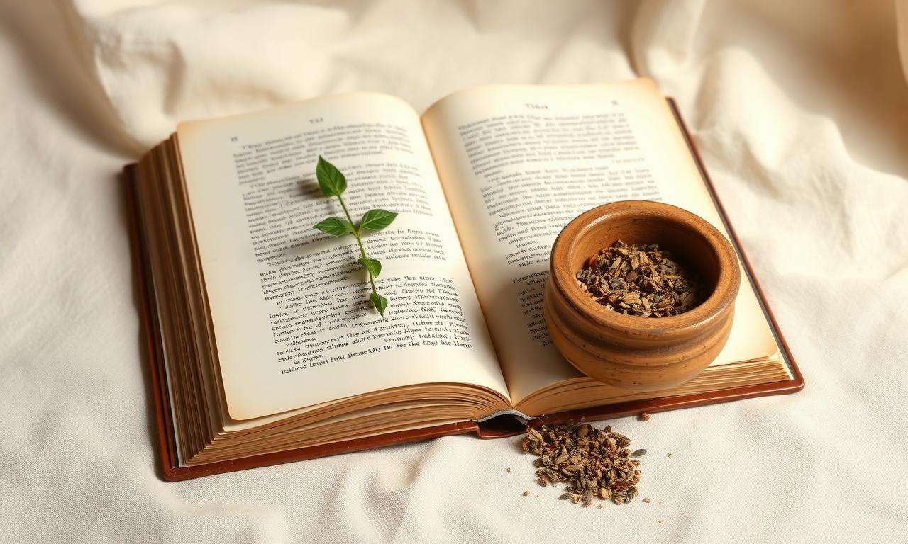An open antique book with a sprig of tulsi and a wooden bowl of dried herbs, evoking honest, traditional Ayurvedic practice