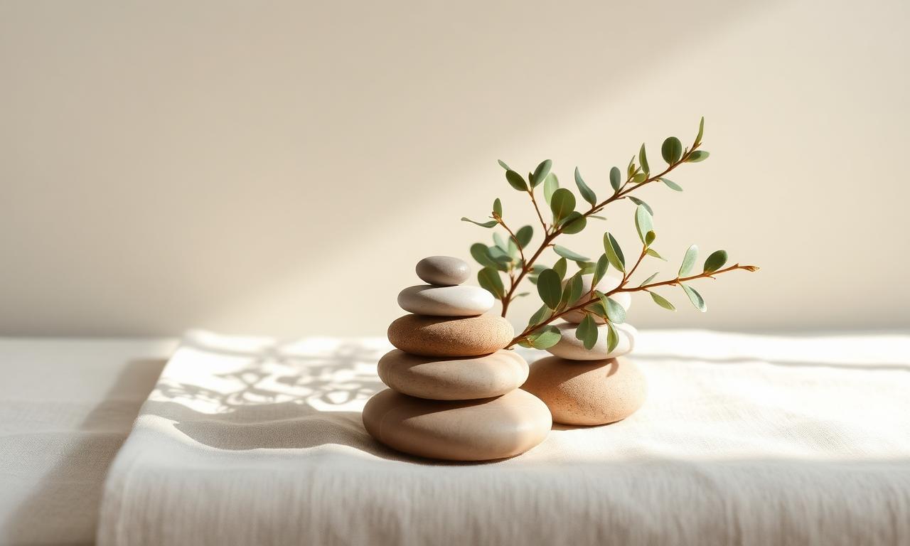 A small stack of smooth balanced river stones beside a eucalyptus sprig on cream linen, evoking biological balance