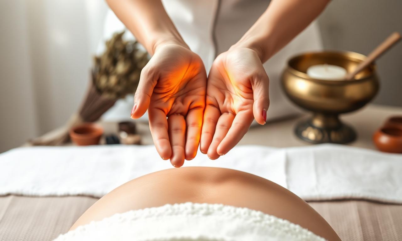 Soft hands held above a body with warm glowing light between the palms, evoking Reiki and energy healing