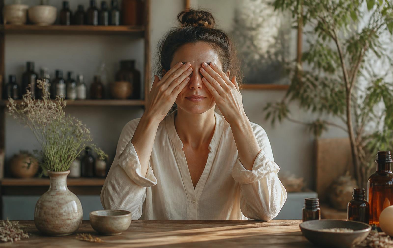 Woman at a sunlit desk resting her palms gently over closed eyes — a palming practice for tired eyes and nervous system calm