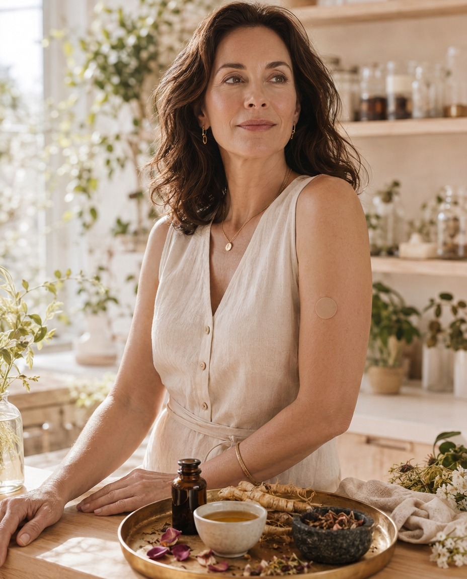 Woman wearing a hormone patch on her arm standing in a sunlit apothecary kitchen with shatavari root, rose petals and an amber bottle on a brass tray — hormone replacement therapy alongside Ayurvedic herbs
