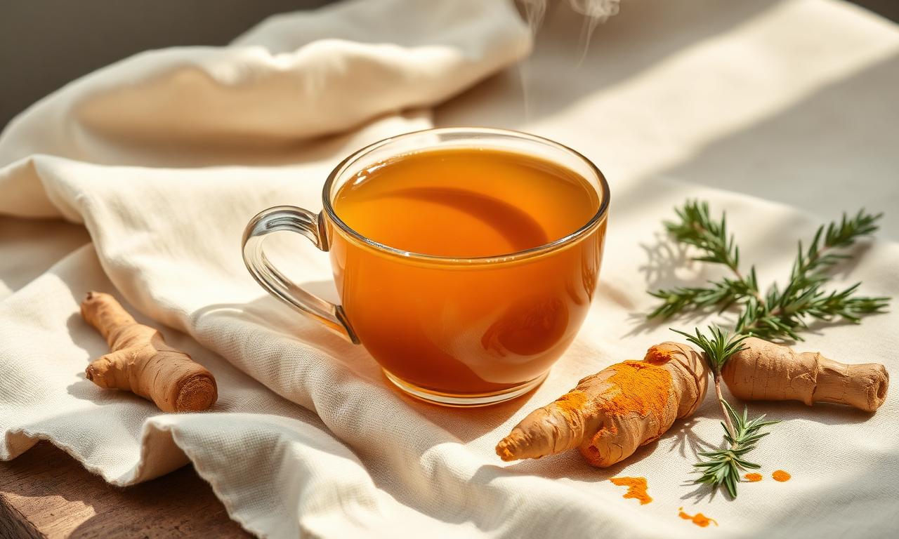 A warm glass cup of golden turmeric tea steaming on linen, with fresh turmeric root and rosemary nearby