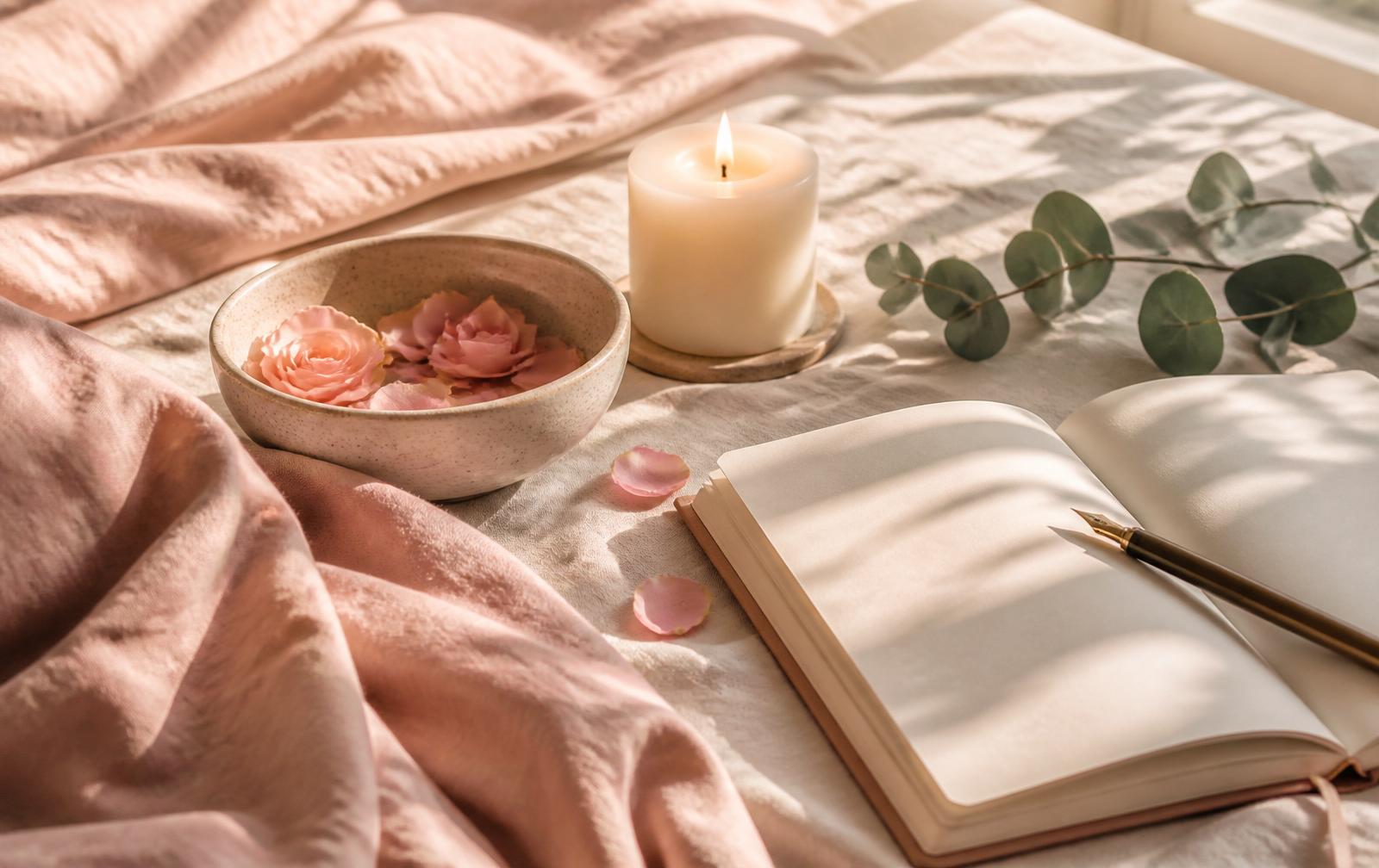 Soft linen, rose petals, a lit candle and a journal in warm morning light — a scene for pelvic floor breathing practice