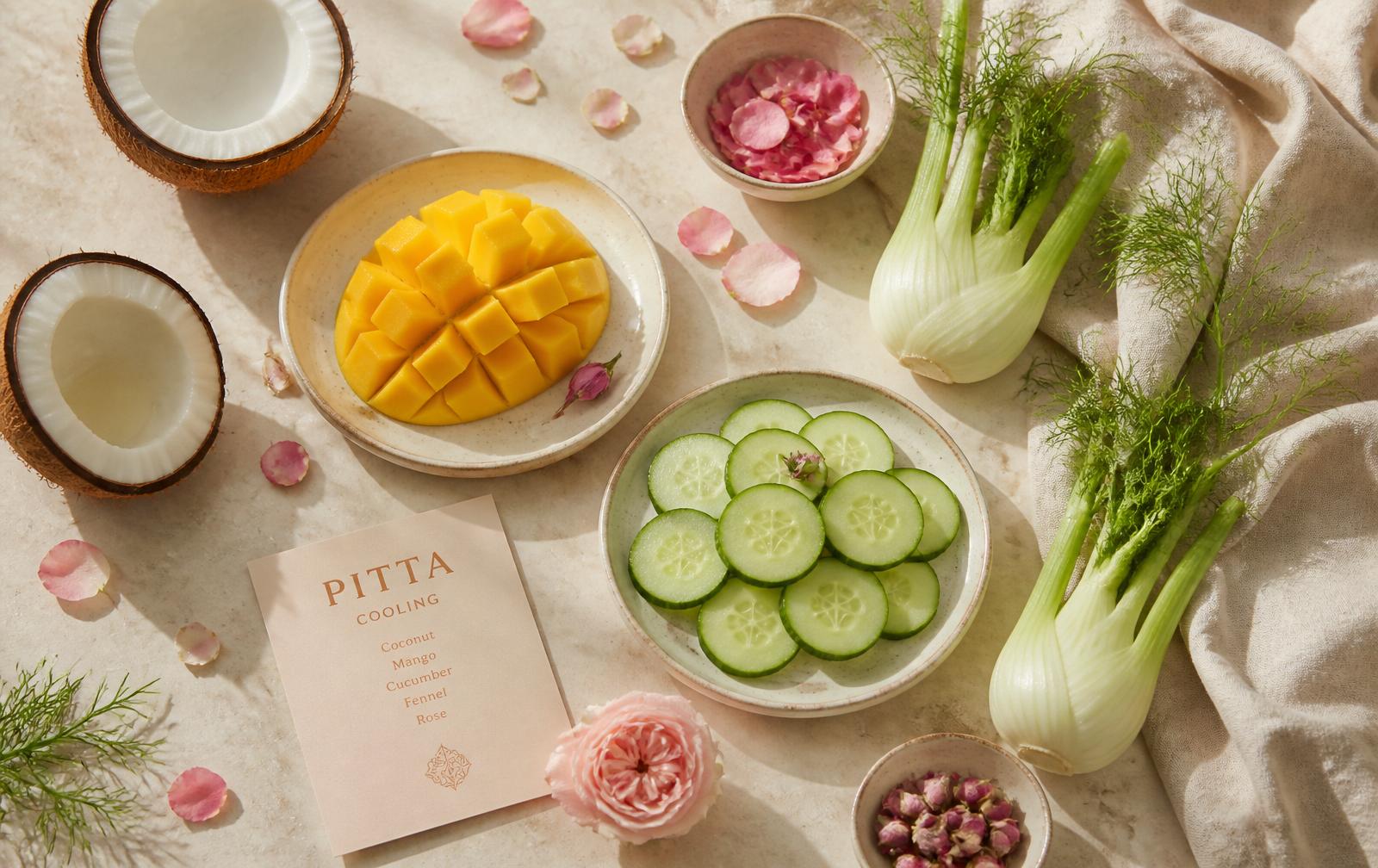 Editorial flat-lay of Pitta-cooling foods on linen — coconut, ripe mango, cucumber, fennel, and rose petals in morning light