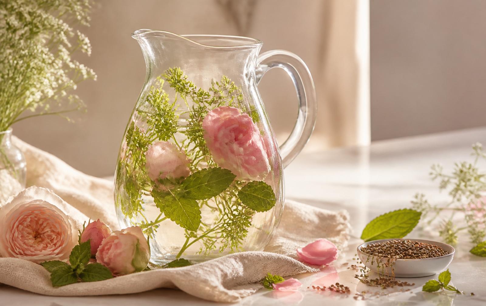Glass pitcher of cooling herbal water infused with rose petals, fresh mint, and coriander in soft natural light