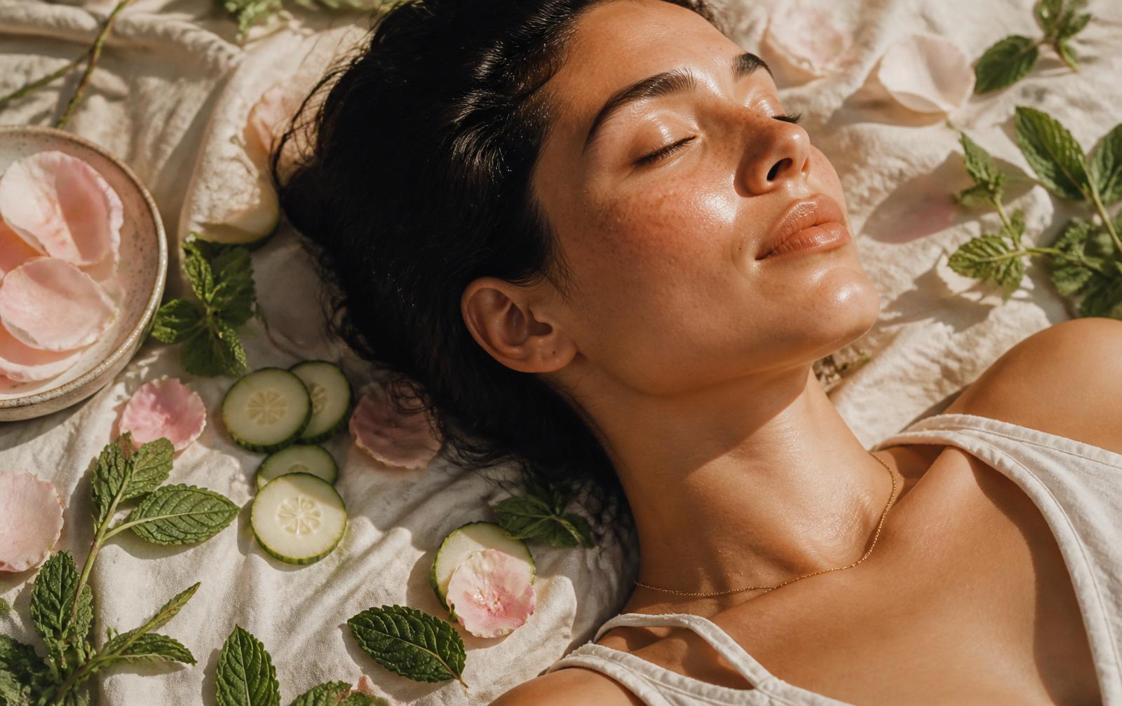 A woman with eyes closed and face tilted toward soft natural light, surrounded by cooling rose petals, cucumber slices, and fresh mint on ivory linen