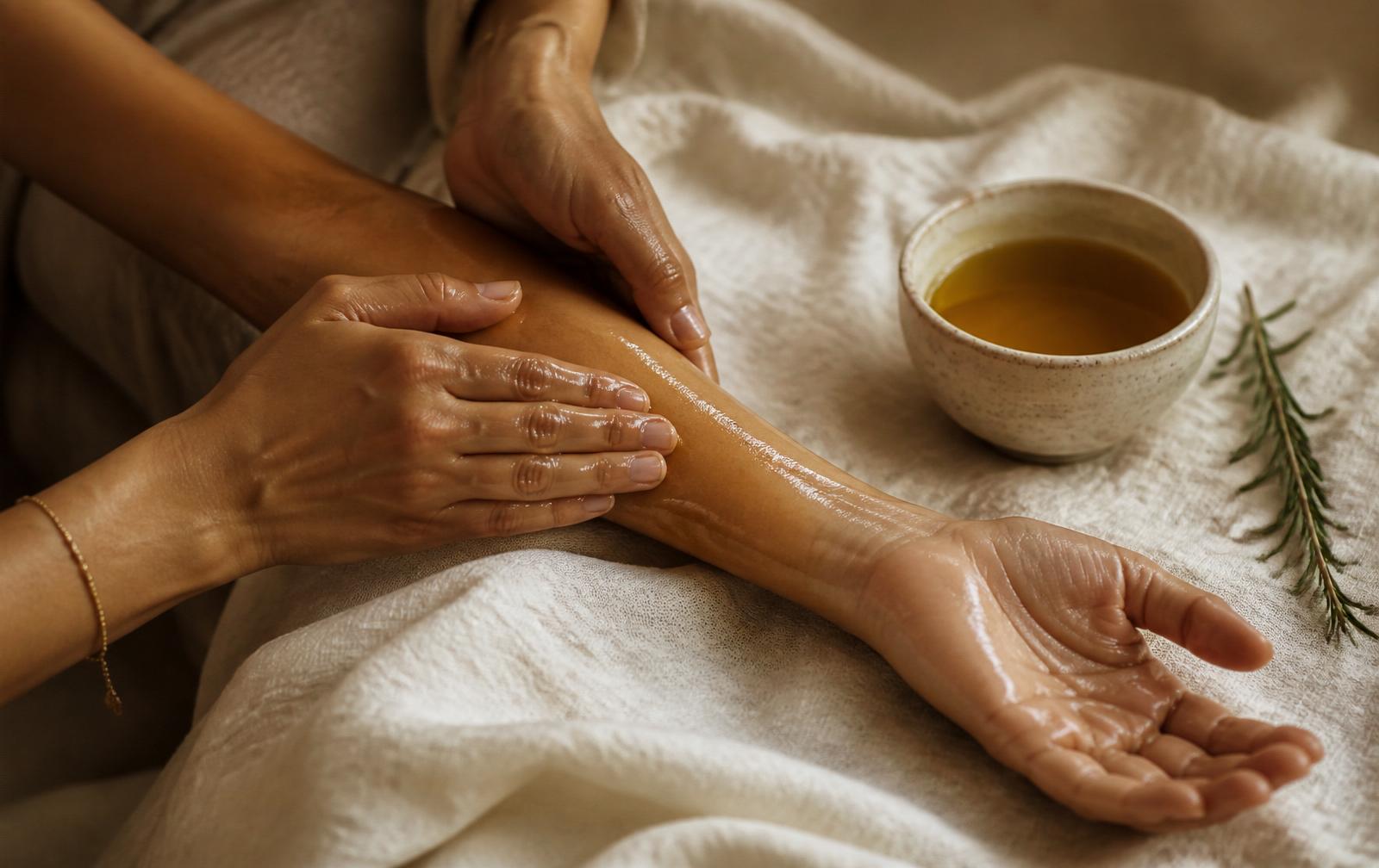 Close-up of a woman's forearm receiving gentle Ayurvedic abhyanga oil massage in soft natural light