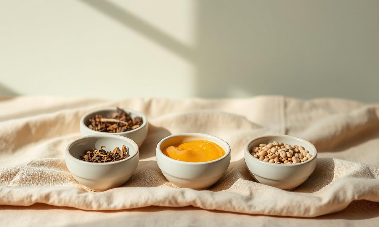 Three small ceramic bowls of herbs, ghee, and grains on warm linen — evoking the three doshas and Ayurvedic constitution