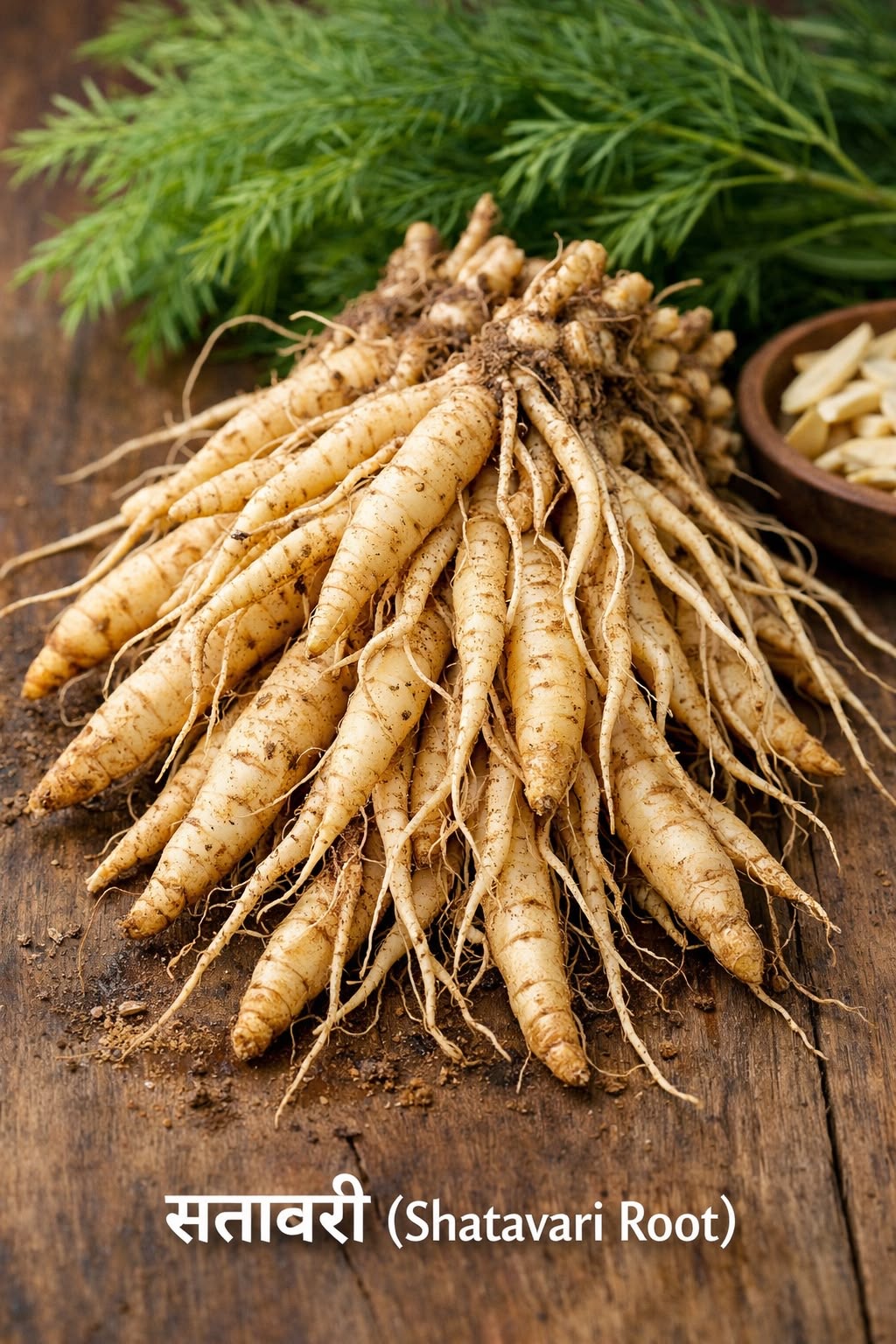 Fresh shatavari root (Asparagus racemosus) on a rustic wooden table with feathery green fronds — the classical Ayurvedic tonic root for women