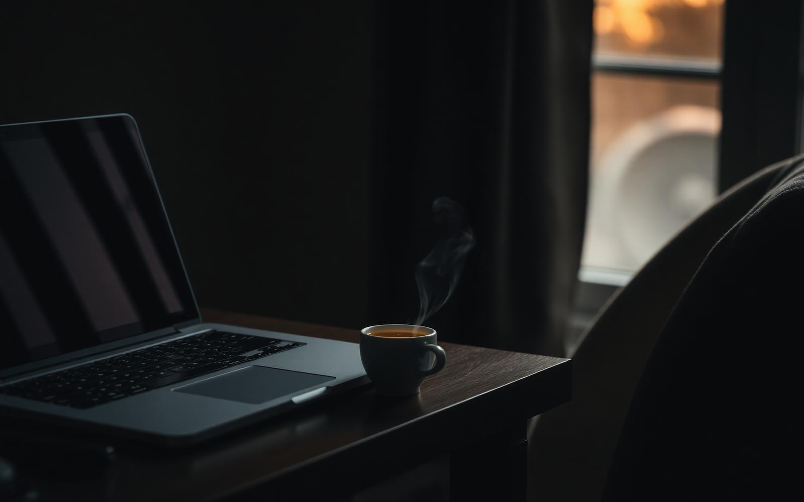 A closed laptop and a small ceramic cup of steaming herbal tea on a dark desk at dusk, warm amber window light