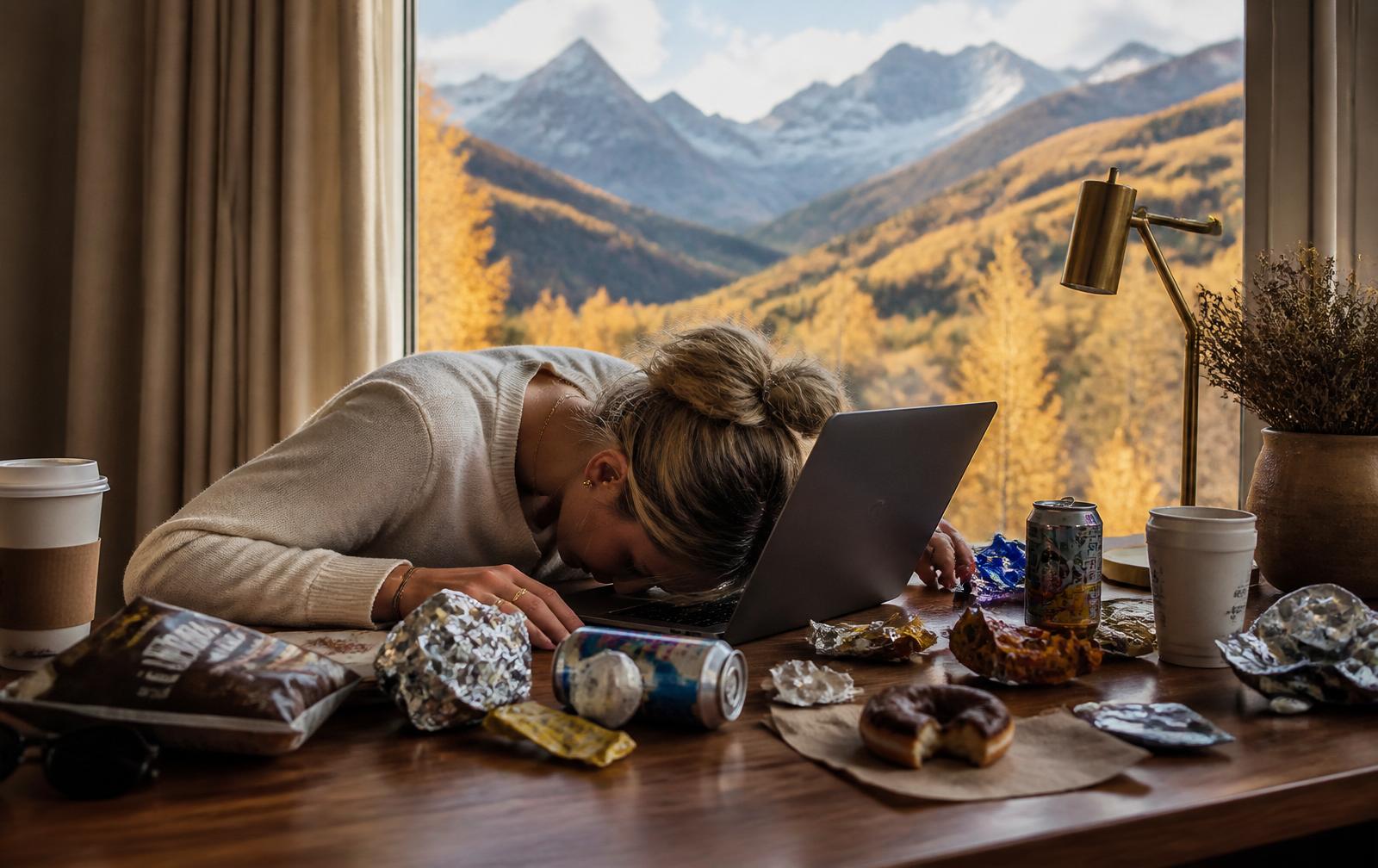 A closed laptop and a small ceramic cup of steaming herbal tea on a dark desk at dusk, warm amber window light