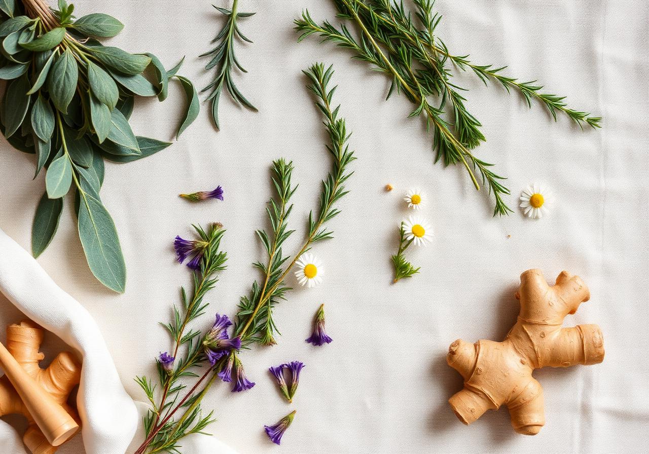 Sage, rosemary, chamomile and ginger on linen