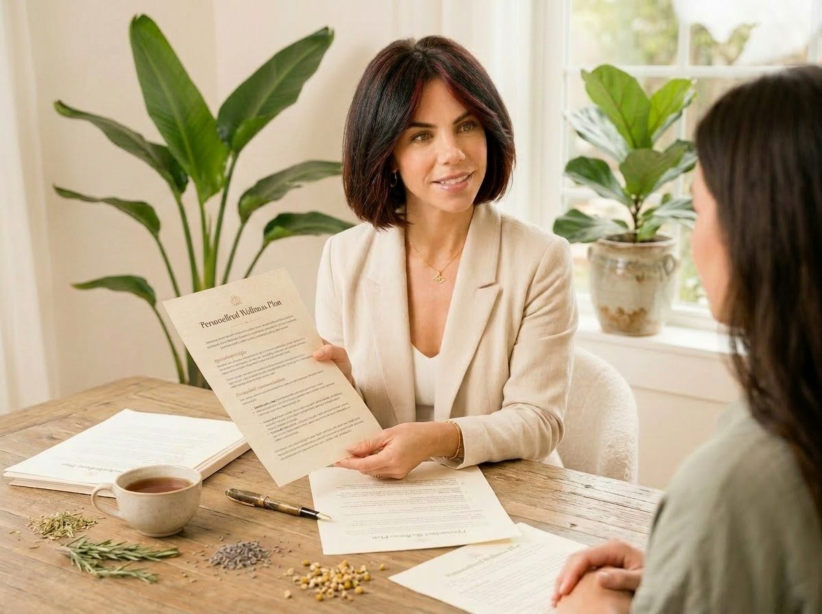 Katy Kennedy reviewing a personalized vitality plan with a client
