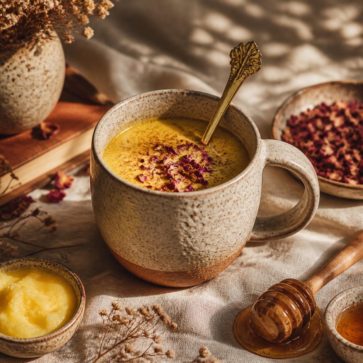 A ceramic mug of golden Ayurvedic tonic