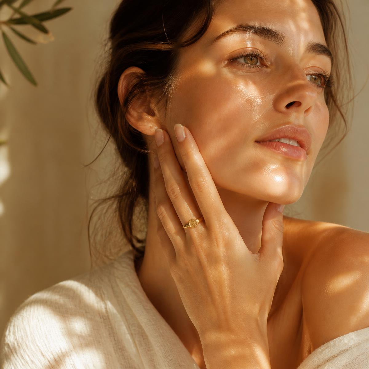 A woman touching her glowing skin in warm morning light