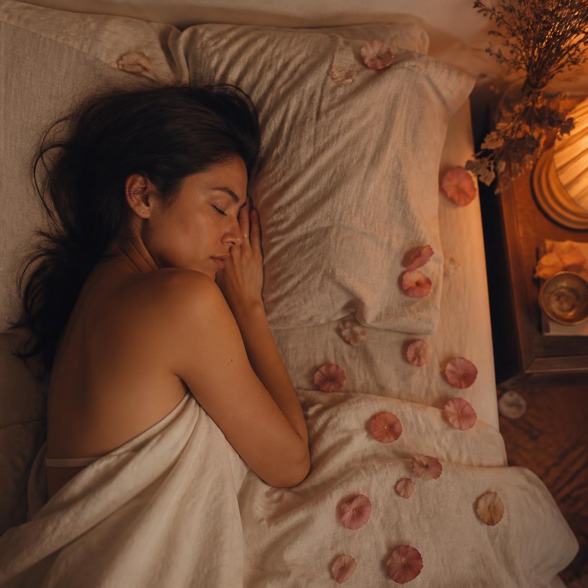 A woman resting deeply among linen and rose petals