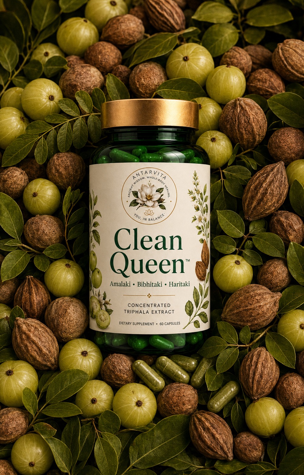 Clean Queen™ concentrated Triphala capsules with amalaki, bibhitaki and haritaki